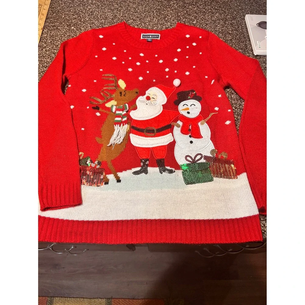 Karen Scott Womens Red Christmas Sweater Santa Reindeer‎ Snowman Sequins Small